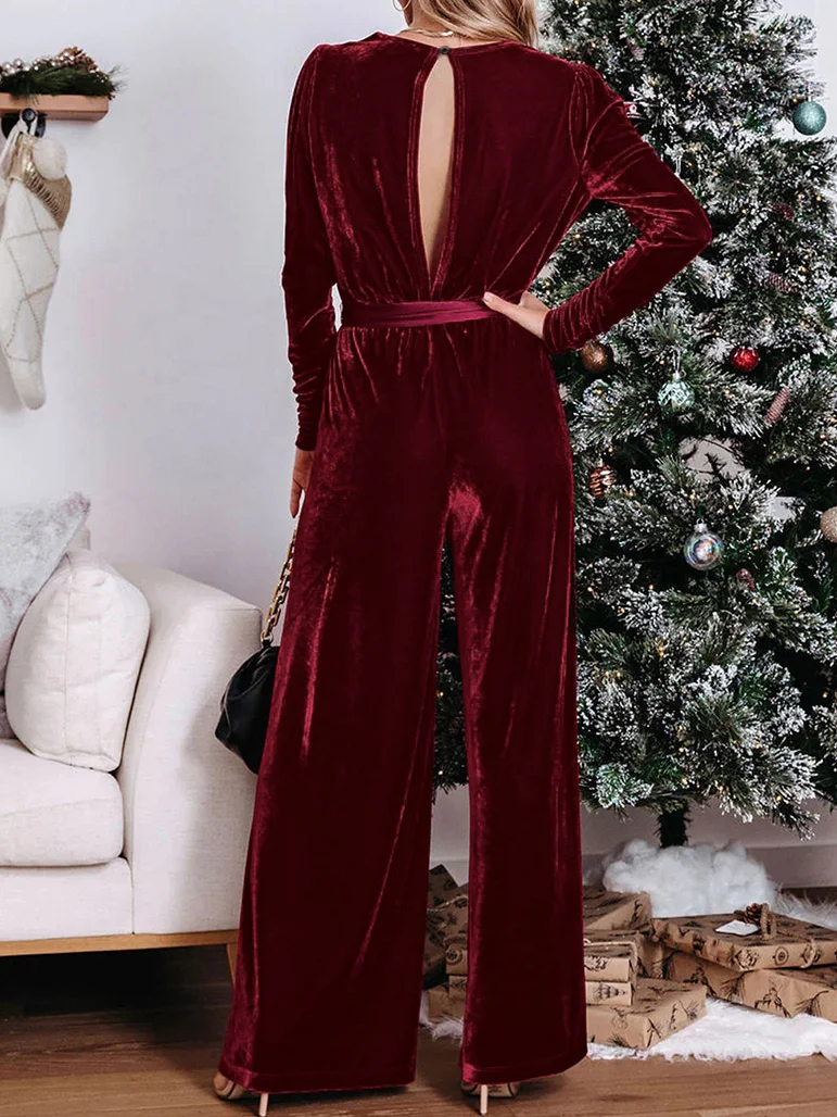 V Neck Velvet Casual Jumpsuit