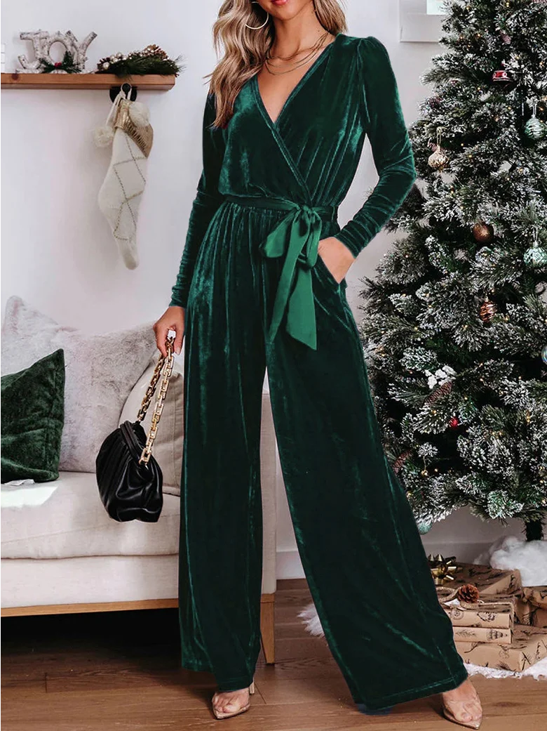 V Neck Velvet Casual Jumpsuit