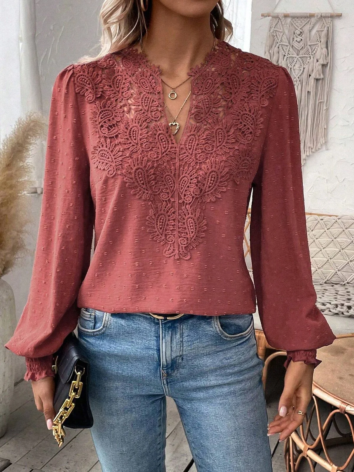 Regular Fit Lace Casual Blouse With No