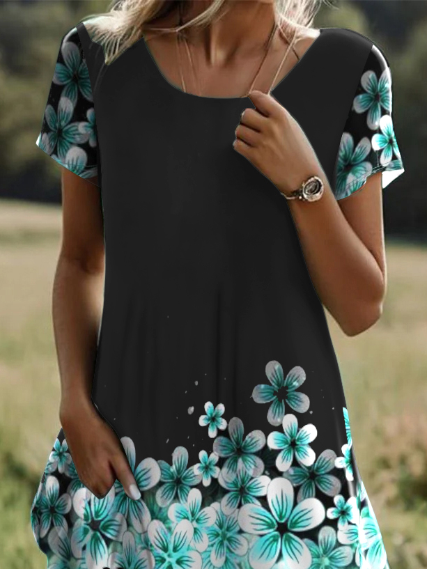 Women's Short Sleeve Summer Black Floral Crew Neck Daily Going Out Casual Midi H-Line T-Shirt Dress Dress