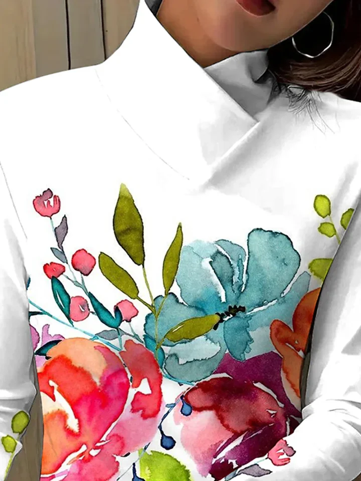 Women's Blouse Summer White Floral Turtleneck Daily Going Out Casual Top