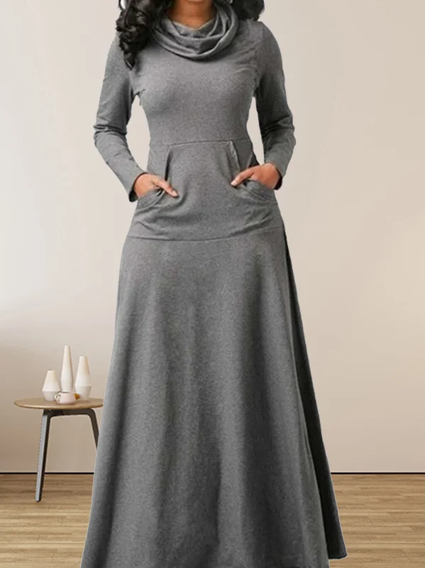 Casual Loose Plain Turtleneck Dress With No