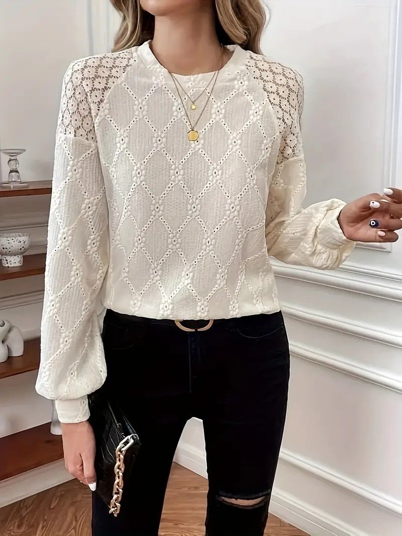 Casual Crew Neck Lace Regular Fit Blouse With No