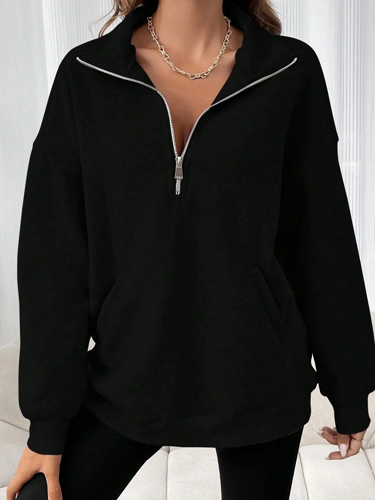 Plain Shawl Collar Casual Sweatshirt