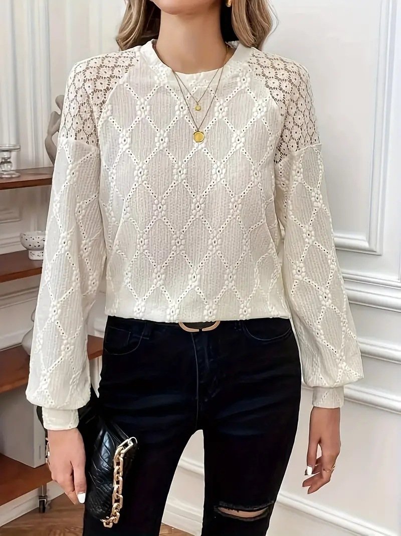 Casual Crew Neck Lace Regular Fit Blouse With No