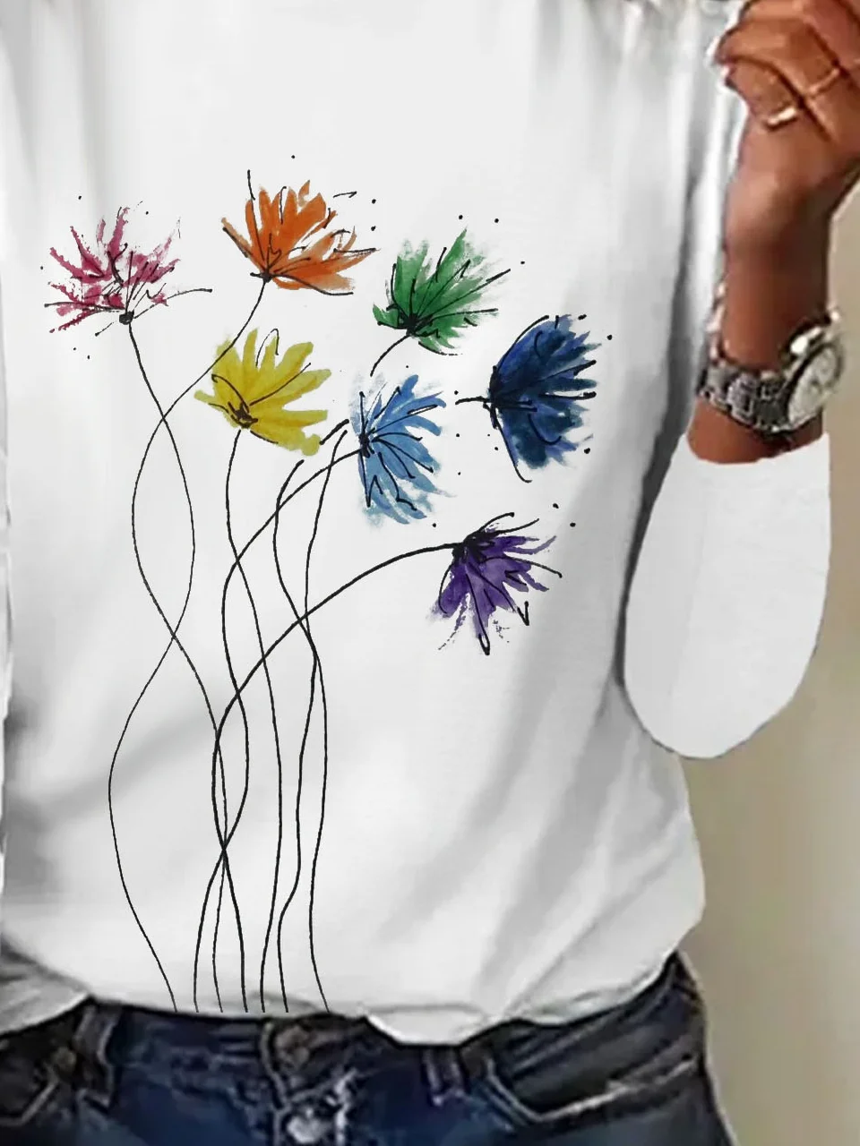 Floral Printed Long Sleeve Casual T-shirt