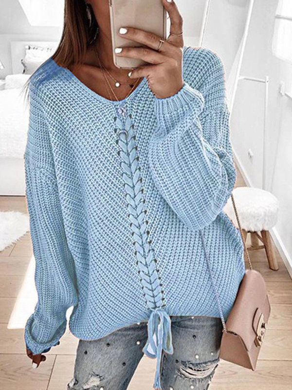 V Neck Yarn/Wool Yarn Casual Color Block Sweater