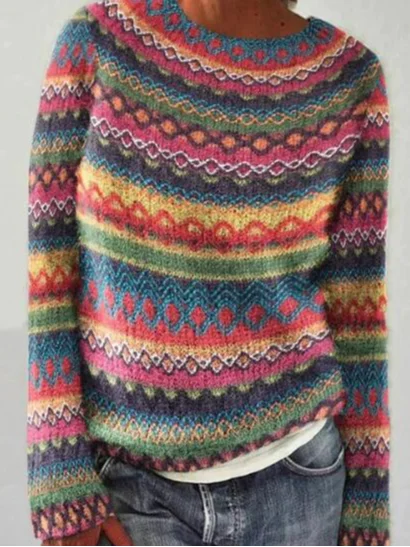 Yarn/Wool Yarn Abstract Casual Crew Neck Sweater