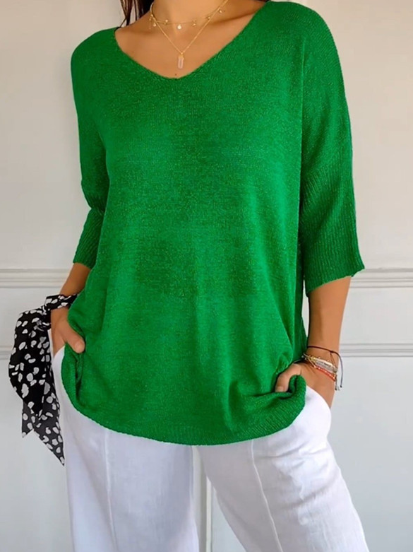 Plain Casual Loose V Neck Sweater