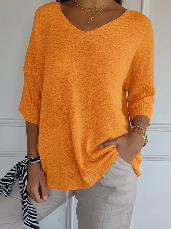 Plain Casual Loose V Neck Sweater