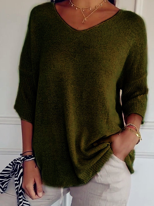 Plain Casual Loose V Neck Sweater