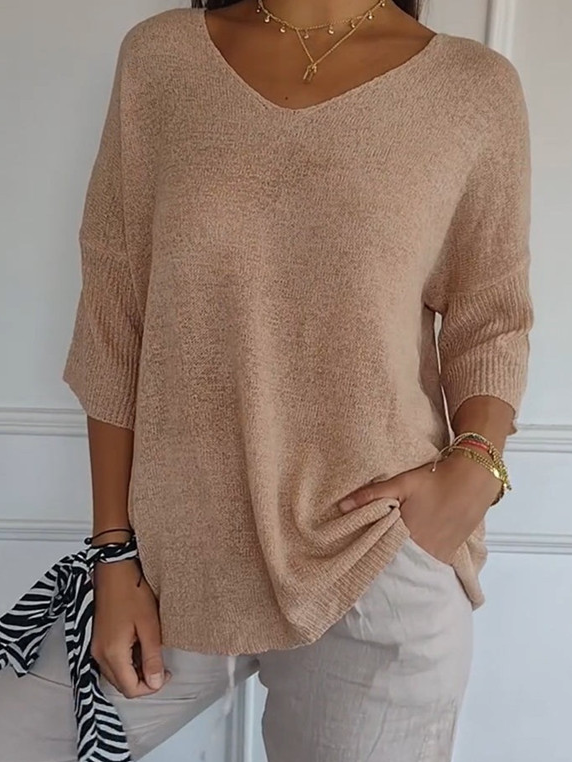 Plain Casual Loose V Neck Sweater