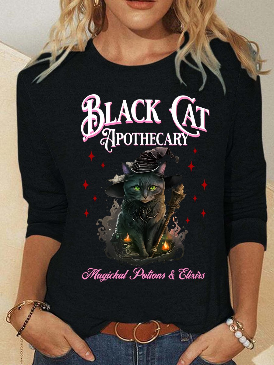 Black Cat Apothecary Halloween Casual Long Sleeve Shirt