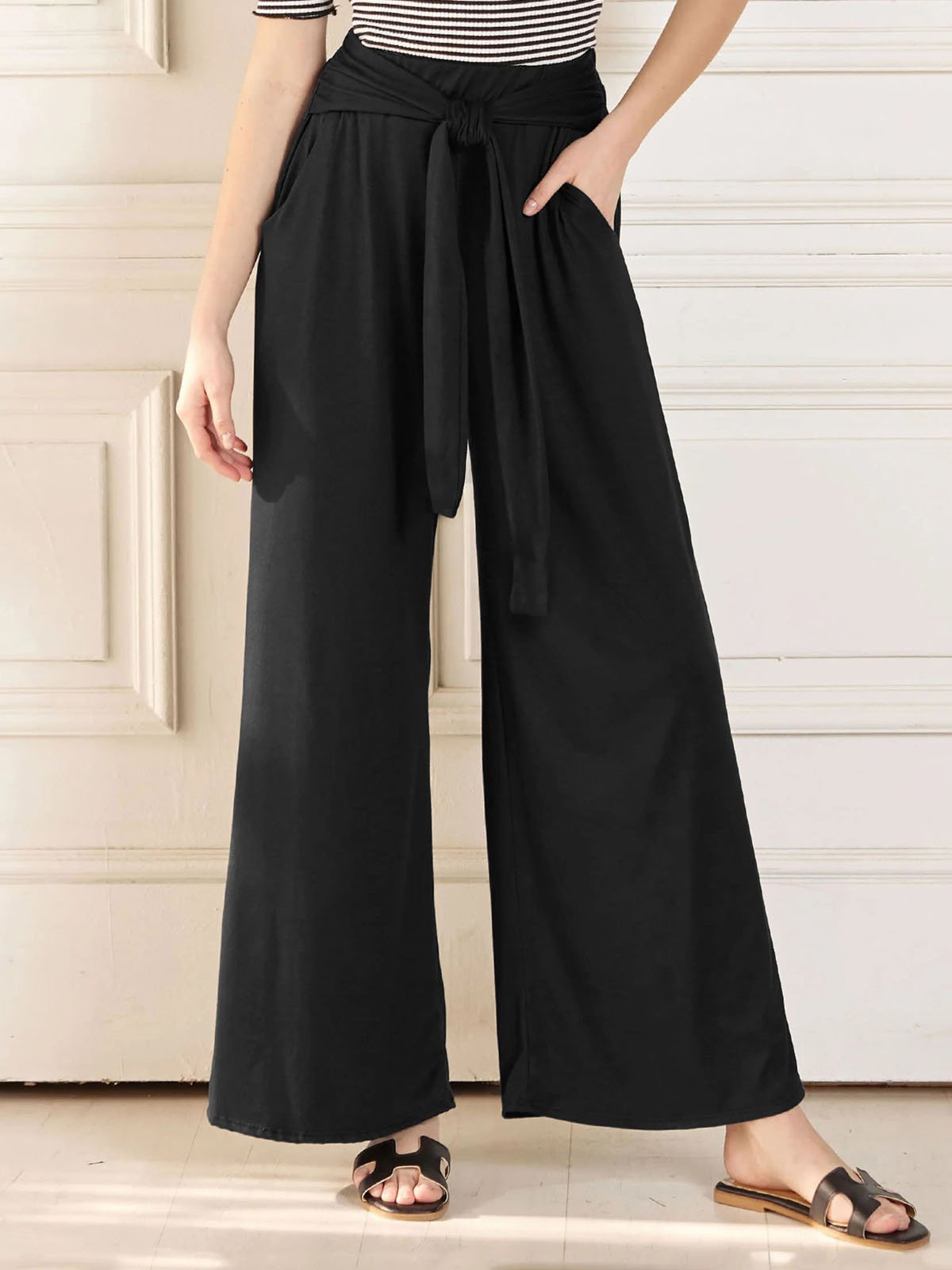 Knot Front Casual Plain Loose Pants