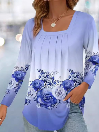 Women's Long Sleeve Blouse Spring/Fall Deep Pink Floral Square Neck Daily Going Out Casual Top