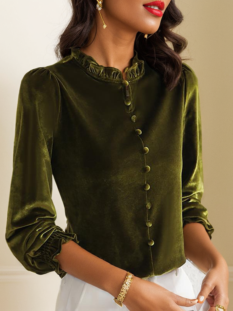 Women's Long Sleeve Blouse Spring/Fall Green Plain Buckle Velvet Lotus Leaf Collar Daily Going Out Casual Top