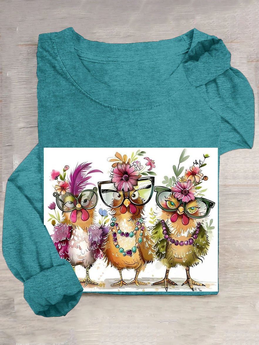 Funny Chicken Printed Casual Crew Neck Long Sleeve T-Shirt