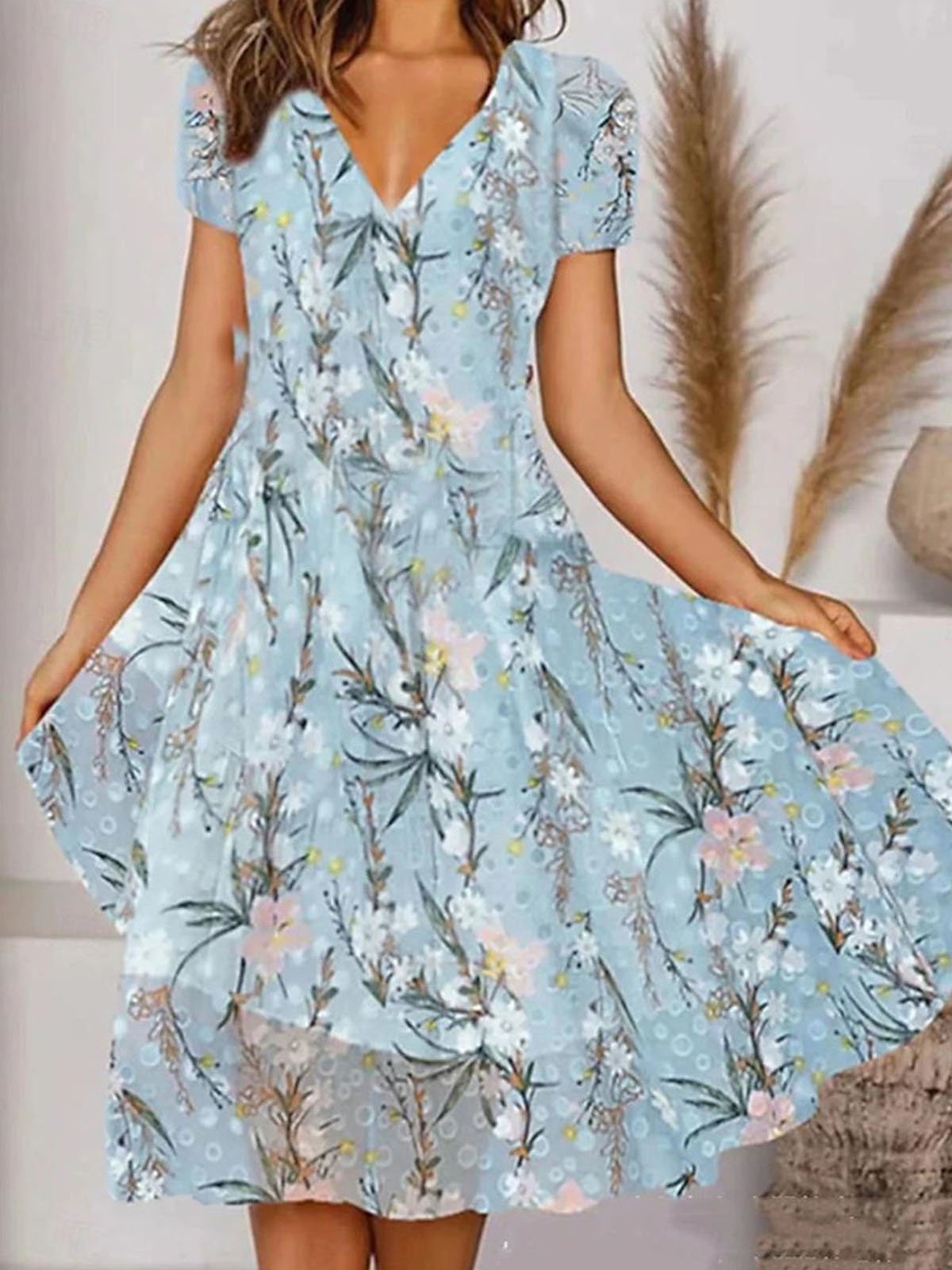 Women's Casual A Line Floral Print V Neck Midi Dress