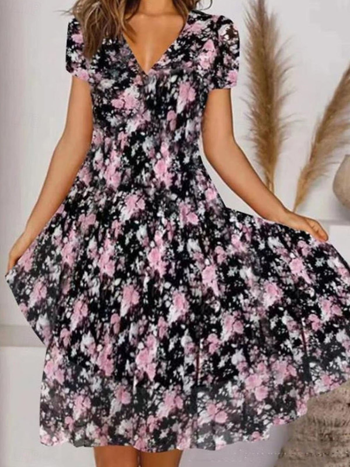 Women's Casual A Line Floral Print V Neck Midi Dress