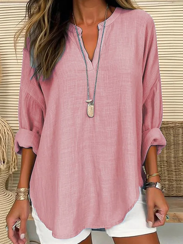 Loose Plain Notched Casual Blouse