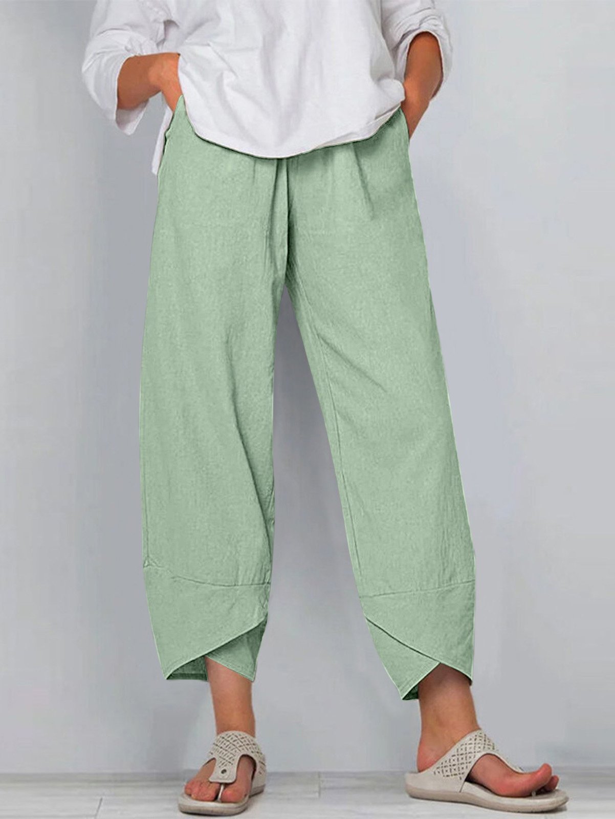 Cotton Pocket Stitching Casual Plain Pants