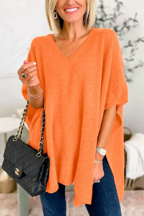 Plain Casual V Neck Loose Sweater