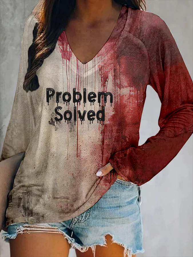 Women's Bloody Problem Solved Halloween Print V-Neck Long Sleeve T-Shirt