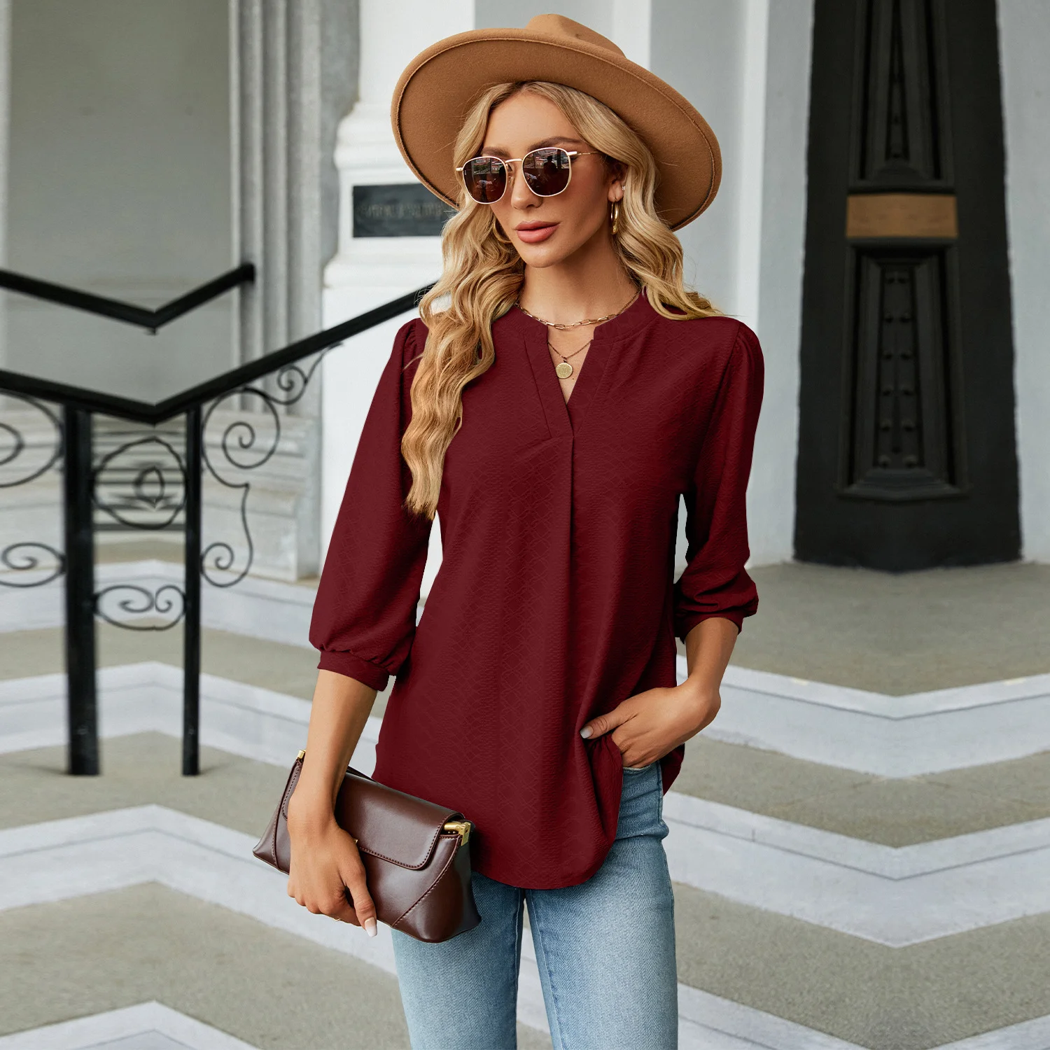 Women's Half Sleeve Shirt Summer White Plain V Neck Balloon Sleeve Daily Going Out Casual Top