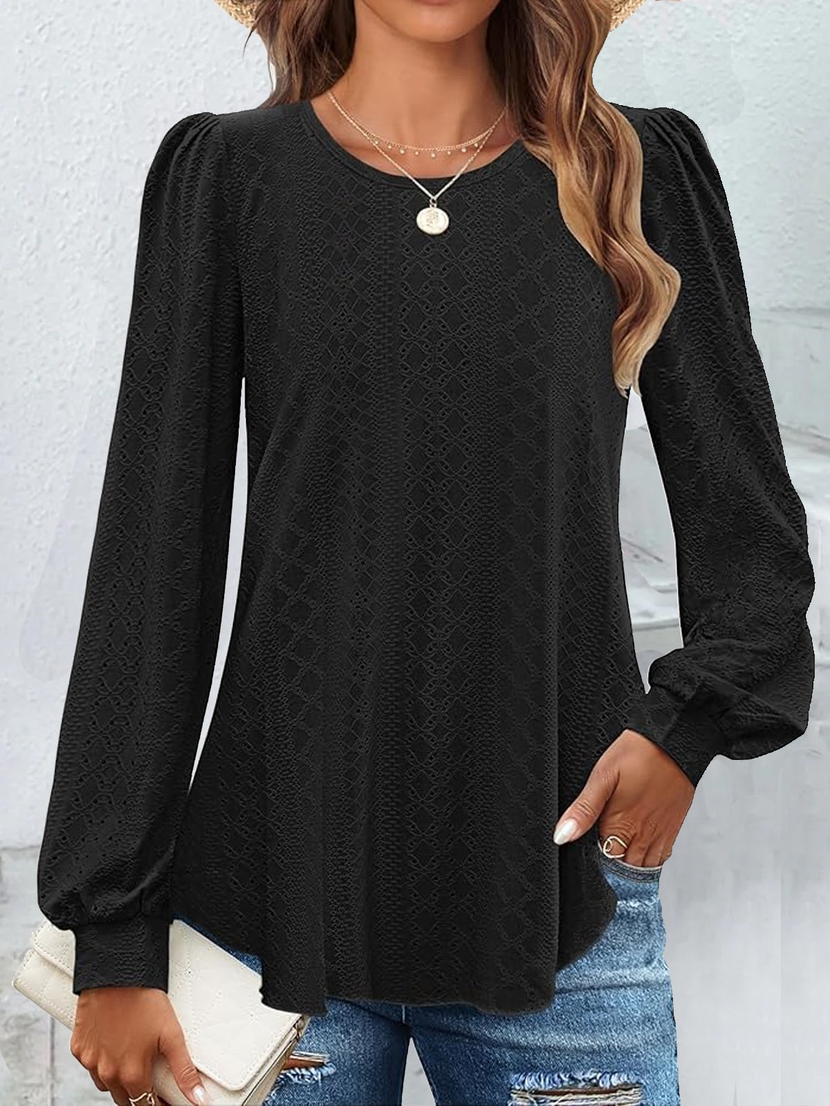 Plain Crew Neck Casual Lace T-Shirt