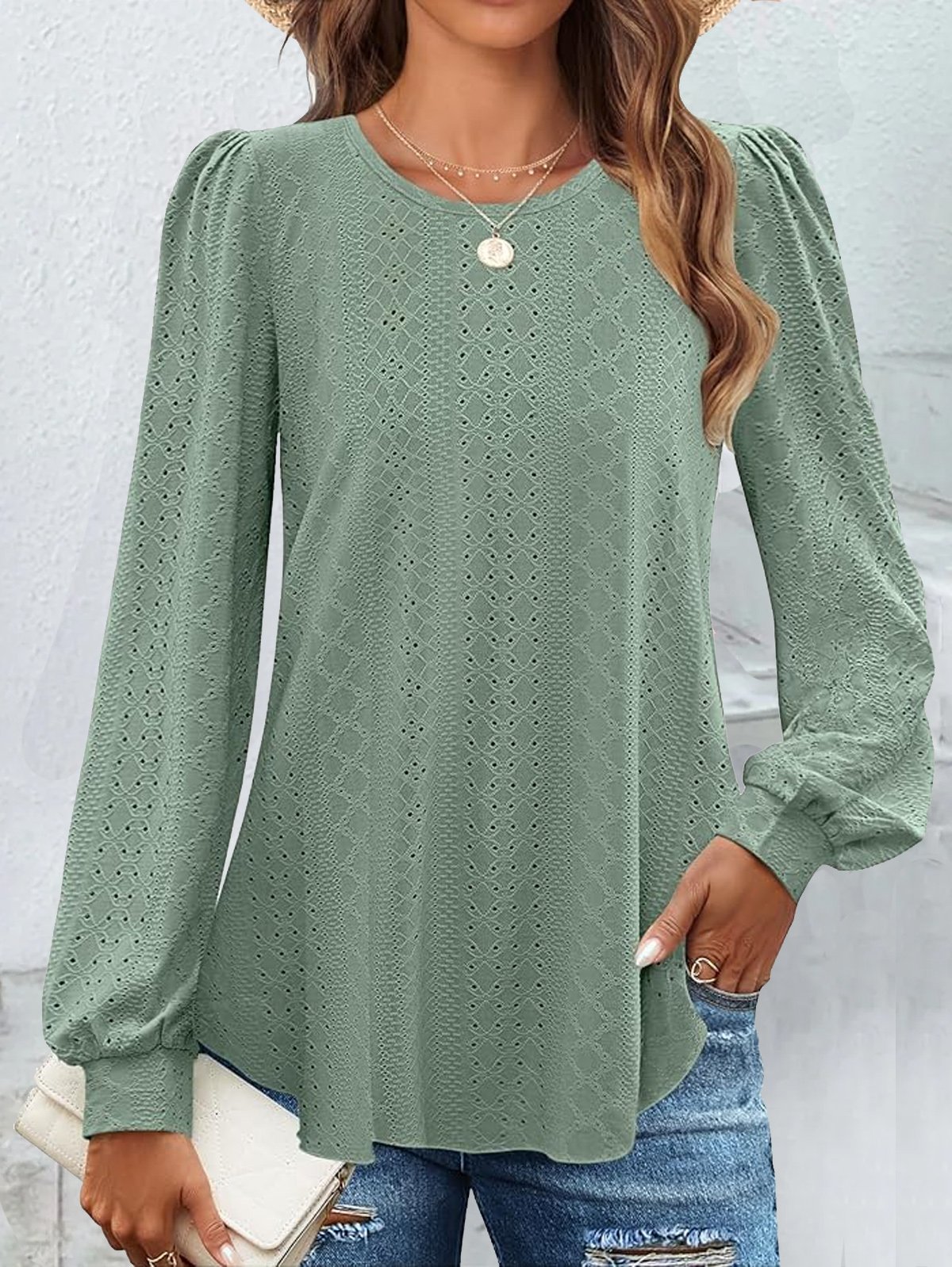 Plain Crew Neck Casual Lace T-Shirt