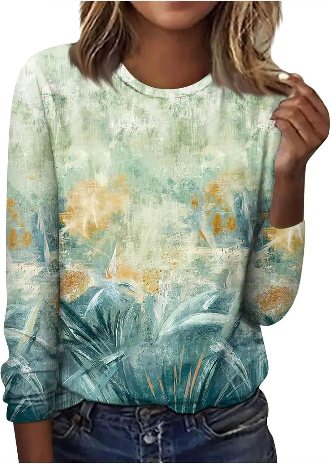 Women's Long Sleeve Floral Knitted Crew Neck Casual Top