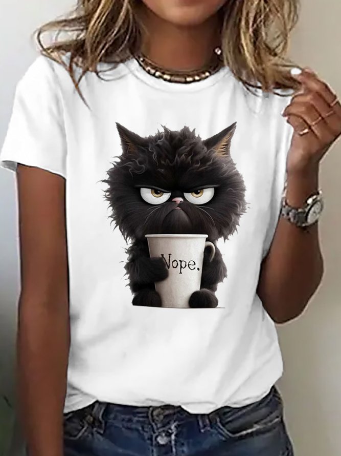 Loose Crew Neck Cat Casual T-Shirt