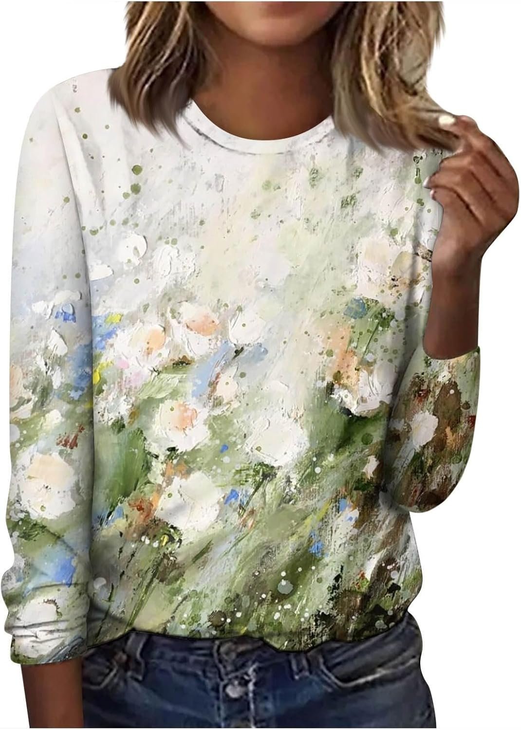 Women's Long Sleeve Floral Knitted Crew Neck Casual Top