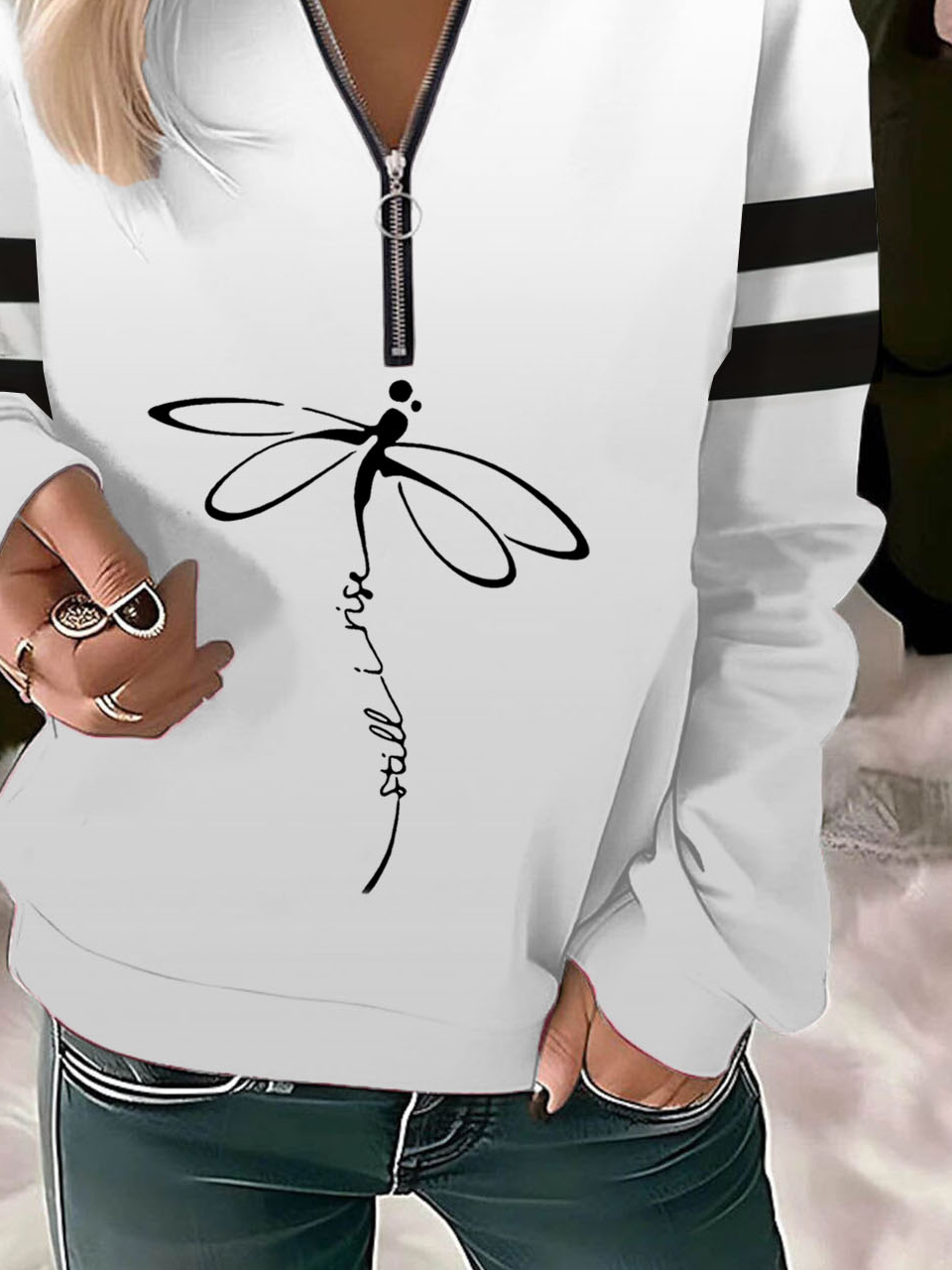 Dragonfly print contrasting women's casual long sleeved zipper sweatshirt