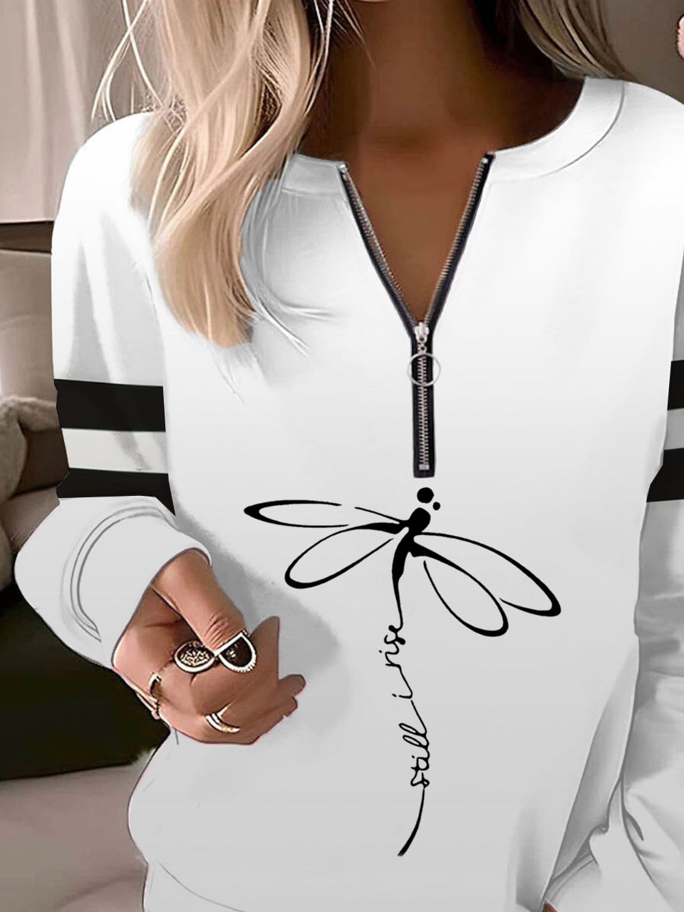 Dragonfly print contrasting women's casual long sleeved zipper sweatshirt