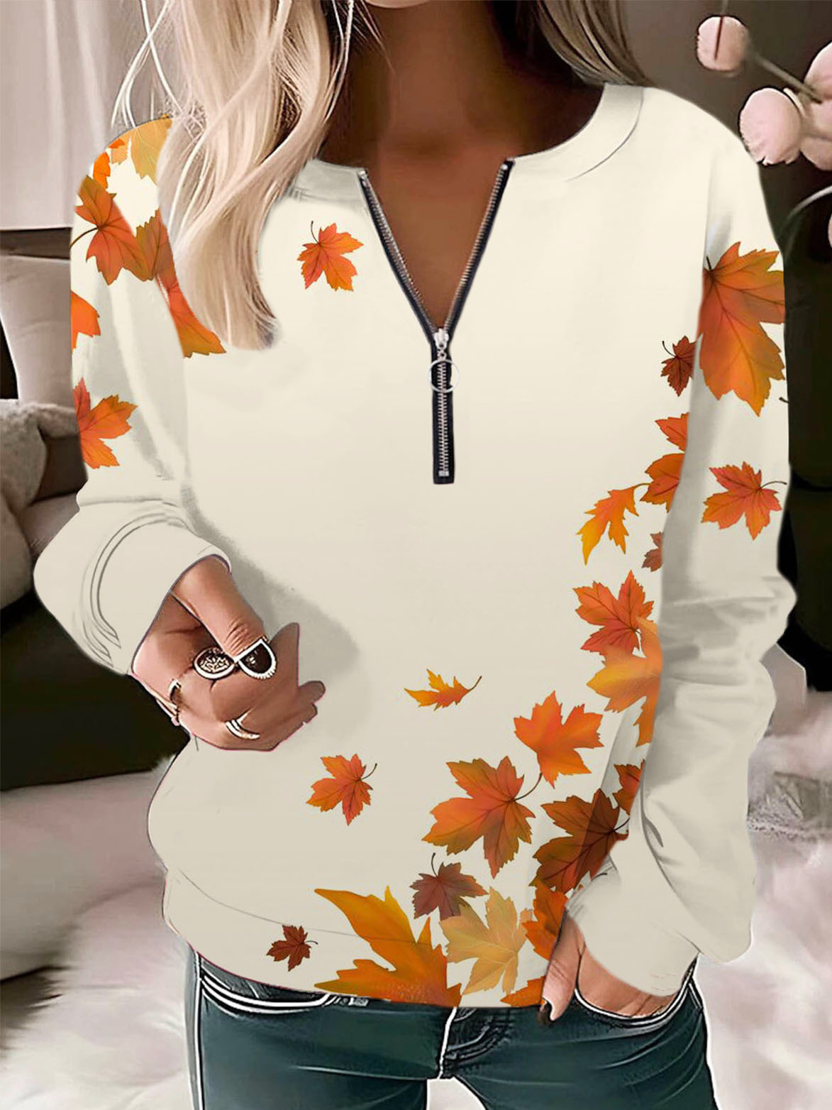 Casual Loose Crew Neck Maple Leaf Sweatshirt