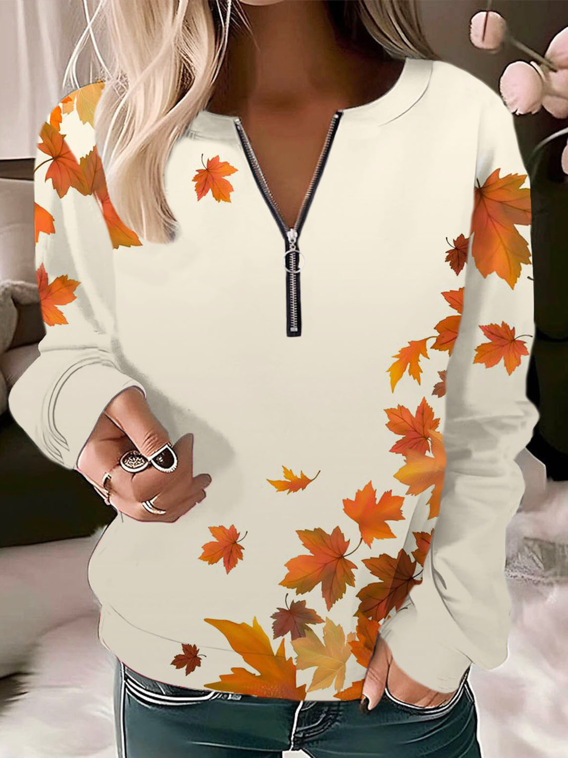 Casual Loose Crew Neck Maple Leaf Sweatshirt