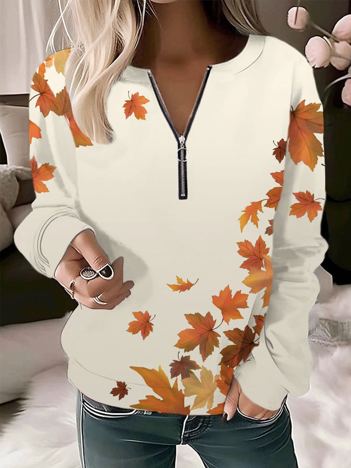 Casual Loose Crew Neck Maple Leaf Sweatshirt