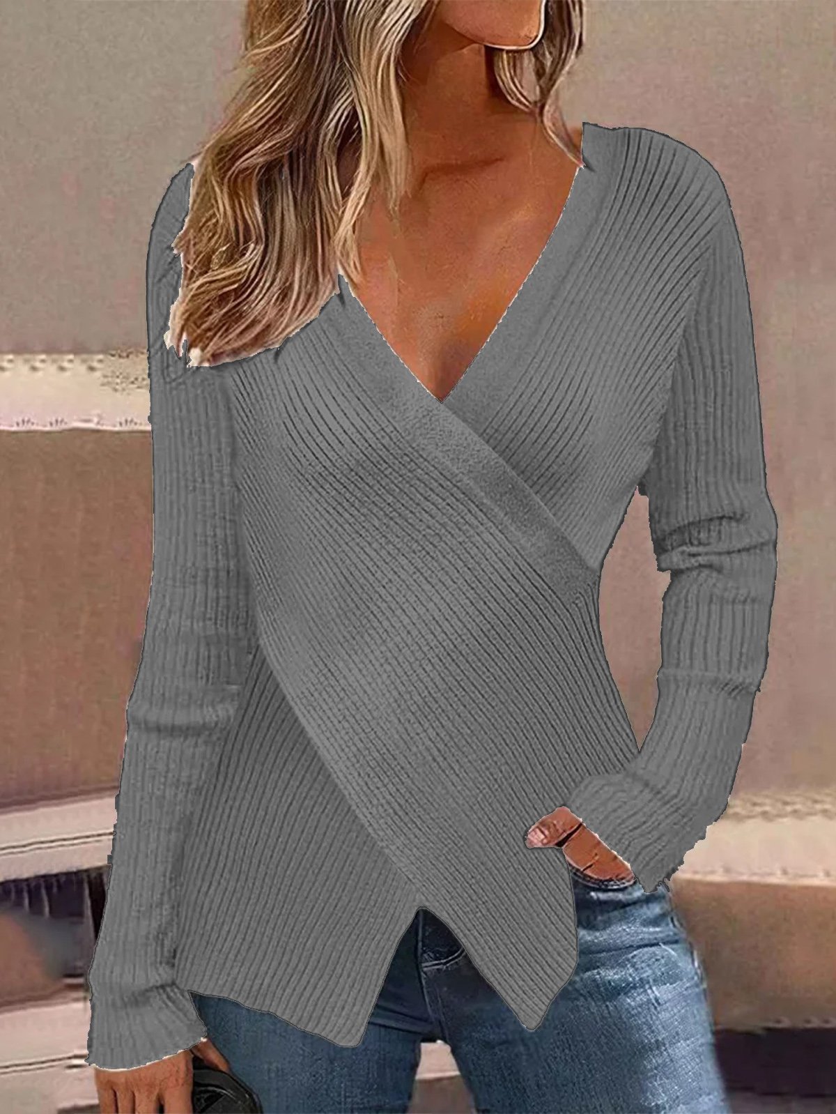 Cross Neck Plain Cross Casual Sweater