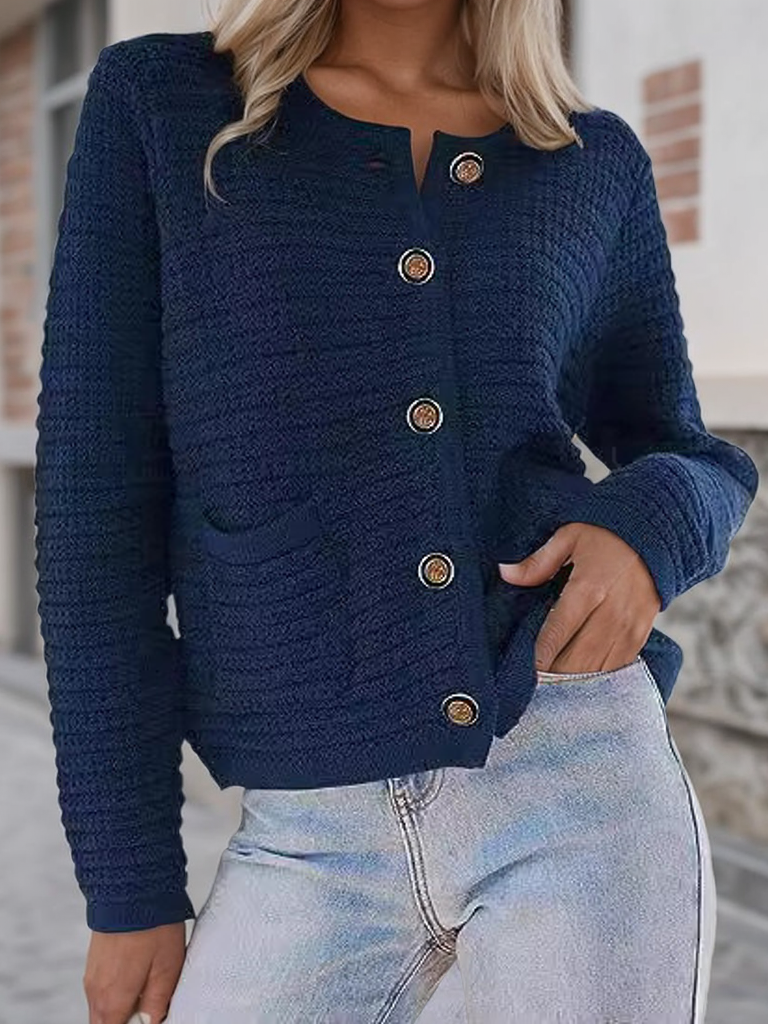 Buckle Crew Neck Casual Wool/Knitting Cardigan