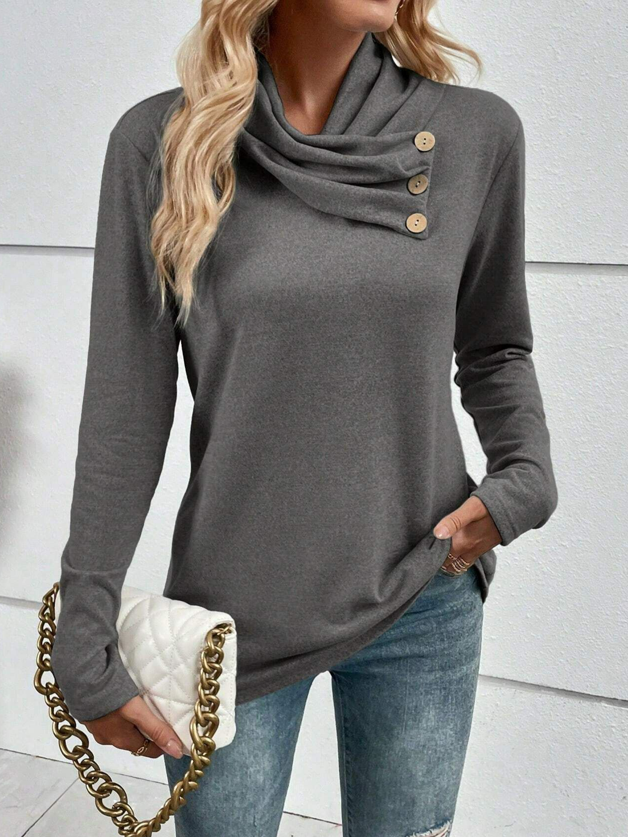 Plain Casual Button Cross Collar Top For Women