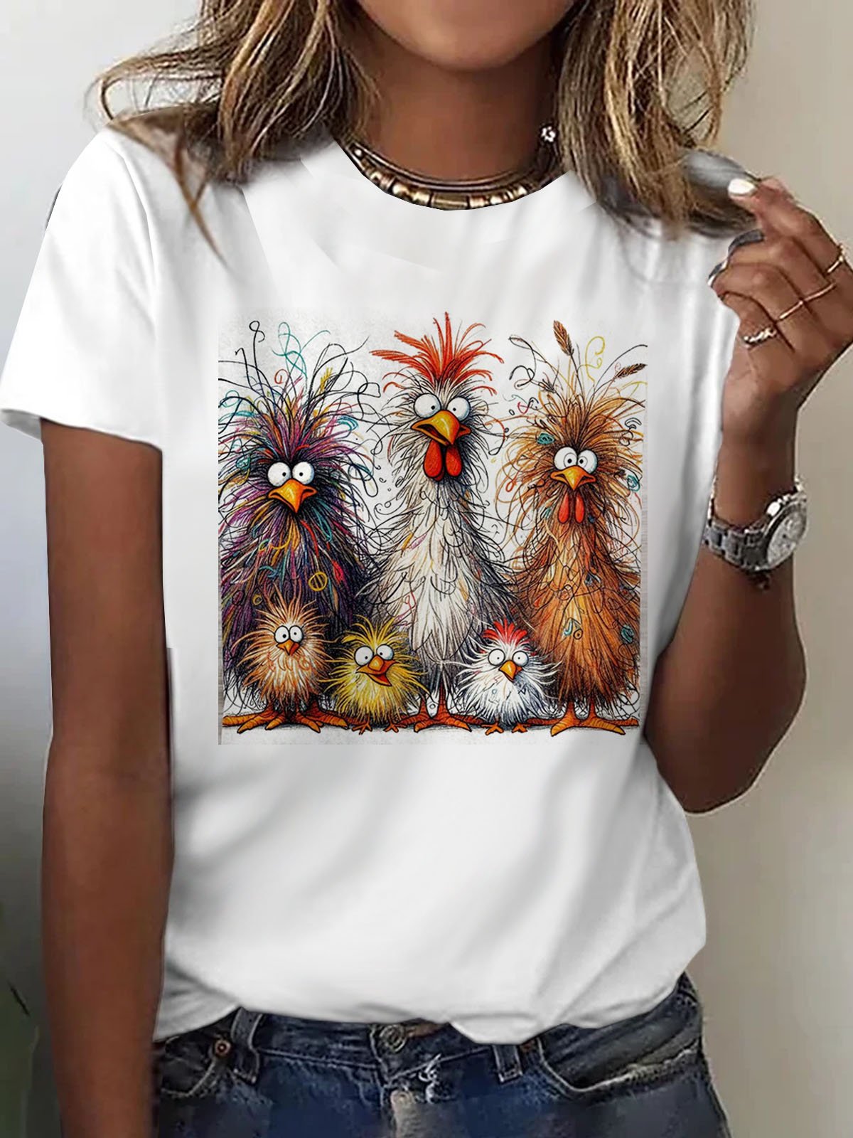 Funny Chicken Art Pritn Casual T-Shirt