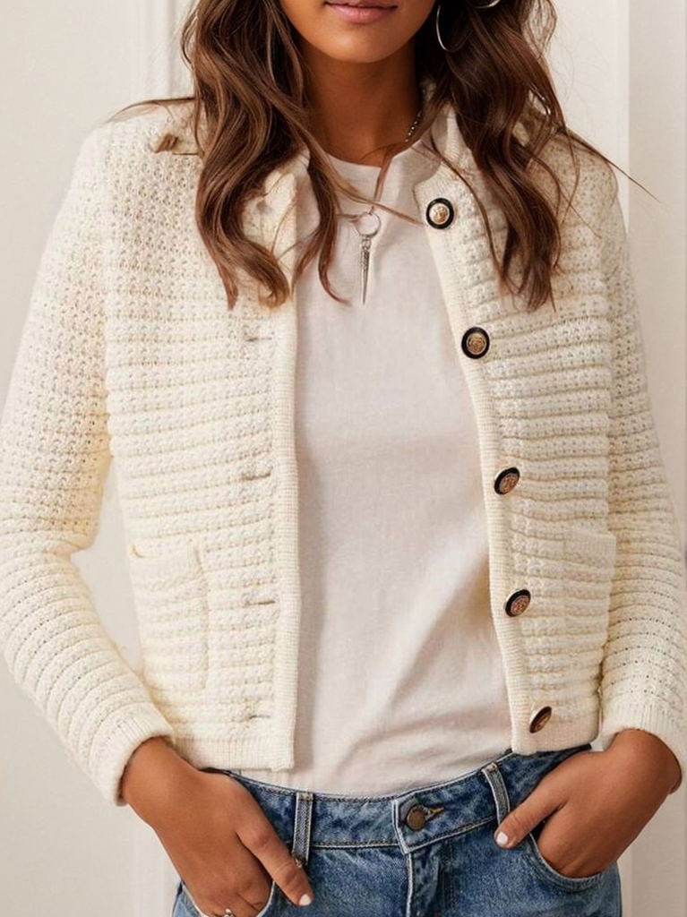 Buckle Crew Neck Casual Wool/Knitting Cardigan