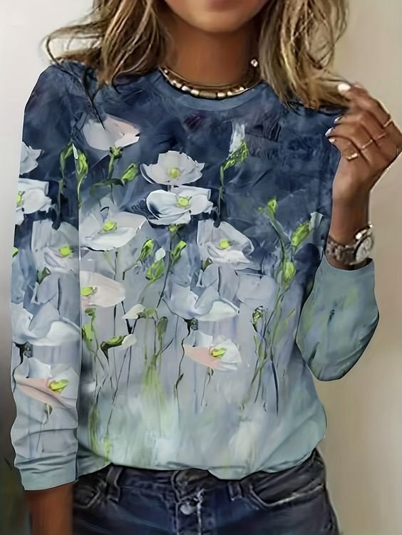 Floral Jersey Casual Crew Neck T-Shirt