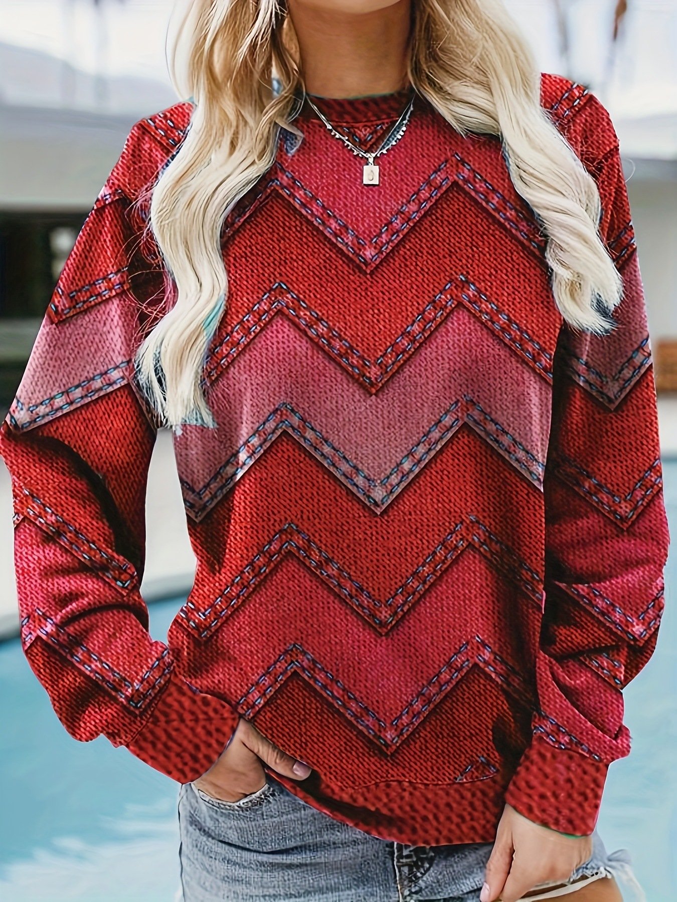 Geometric Crew Neck Loose Casual Sweatshirt