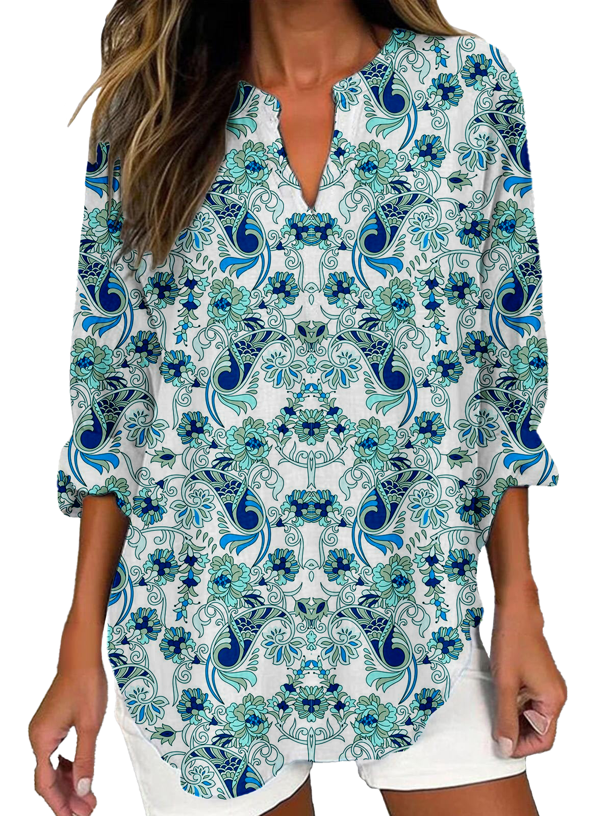 Women's cotton and linen casual floral print V-neck long-sleeved shirt