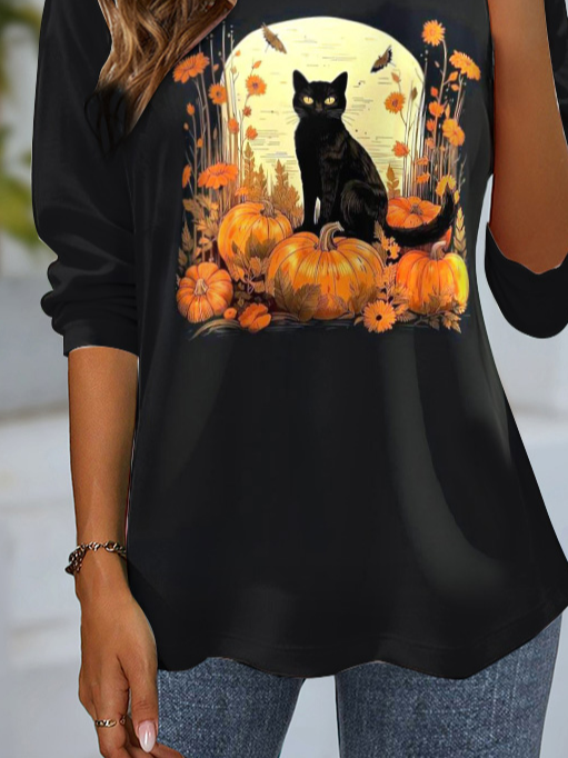 Women's Long Sleeve T-shirt Spring/Fall Black Cat Jersey Crew Neck Daily Going Out Casual Top