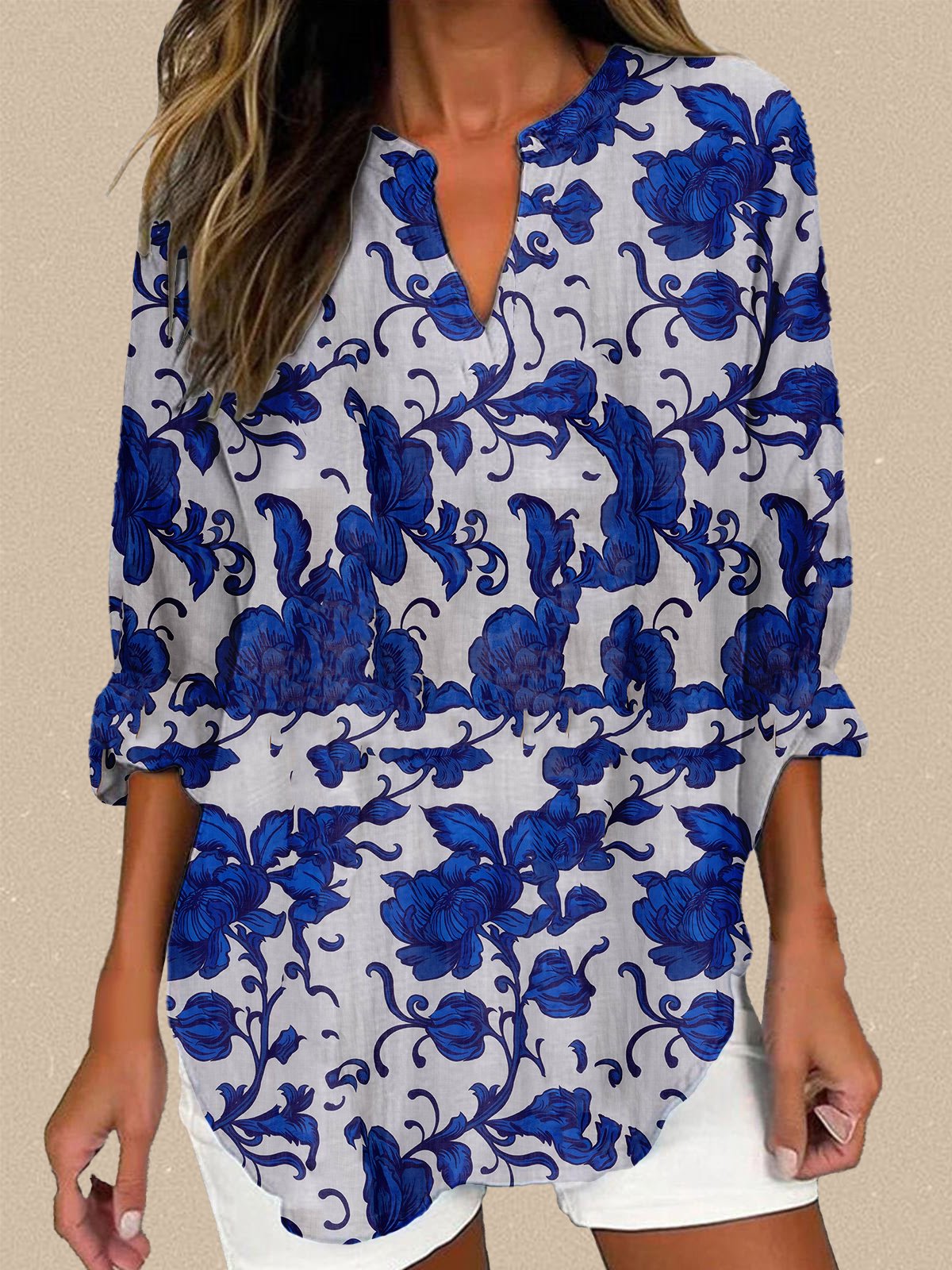 Women's cotton and linen casual floral print V-neck long-sleeved shirt