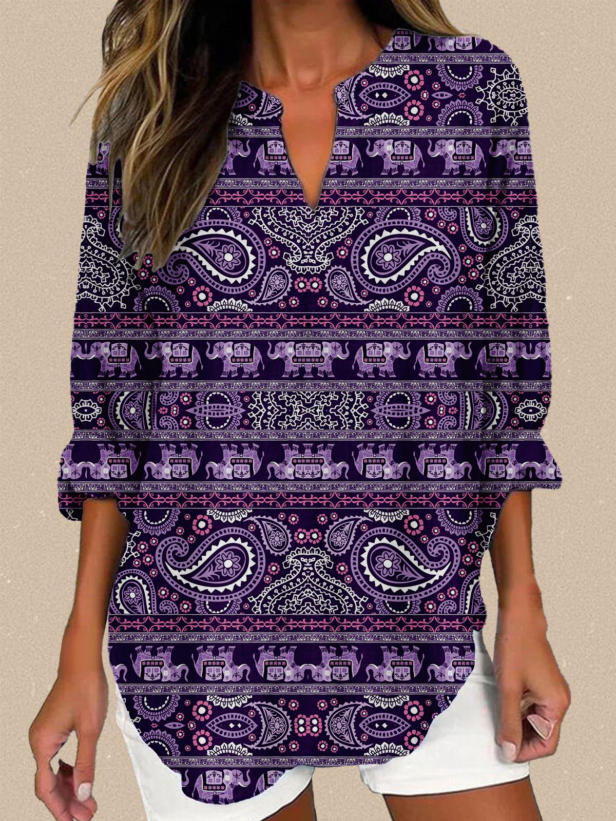 Women's cotton and linen casual paisley print V-neck long-sleeved shirt