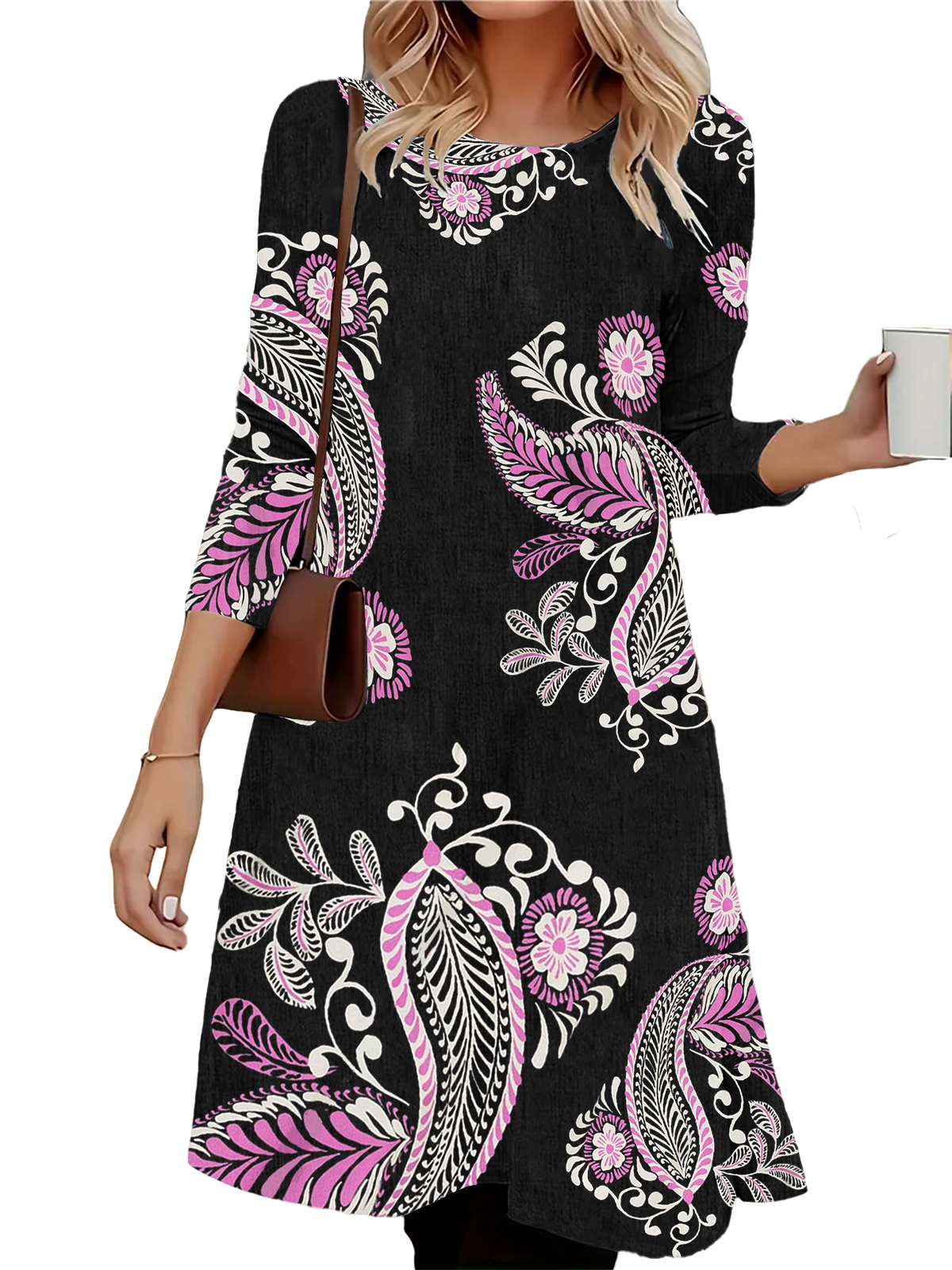 Women's Casual Paisley Print Round Neck Long Sleeve Dress